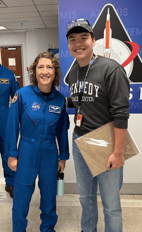 NASA astronaut Christina Koch with Connor Arnold on the NASA site. (Photo: Connor Arnold) NASA astronaut Christina Koch with Connor Arnold on the NASA site. (Photo: Connor Arnold)