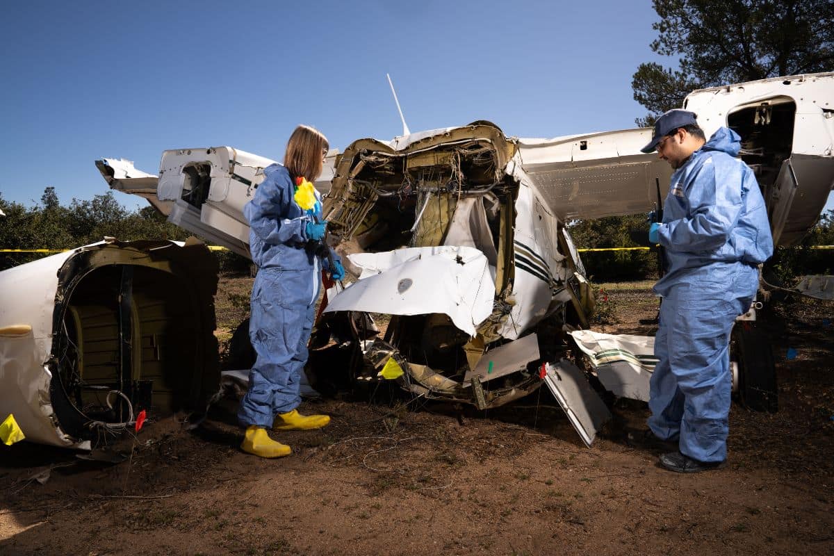 Students investigate a simulated crash site at Embry‑Riddle's Robertson Aircraft Accident Investigation Laboratory. (Photo: Embry‑Riddle / Connor McShane) 