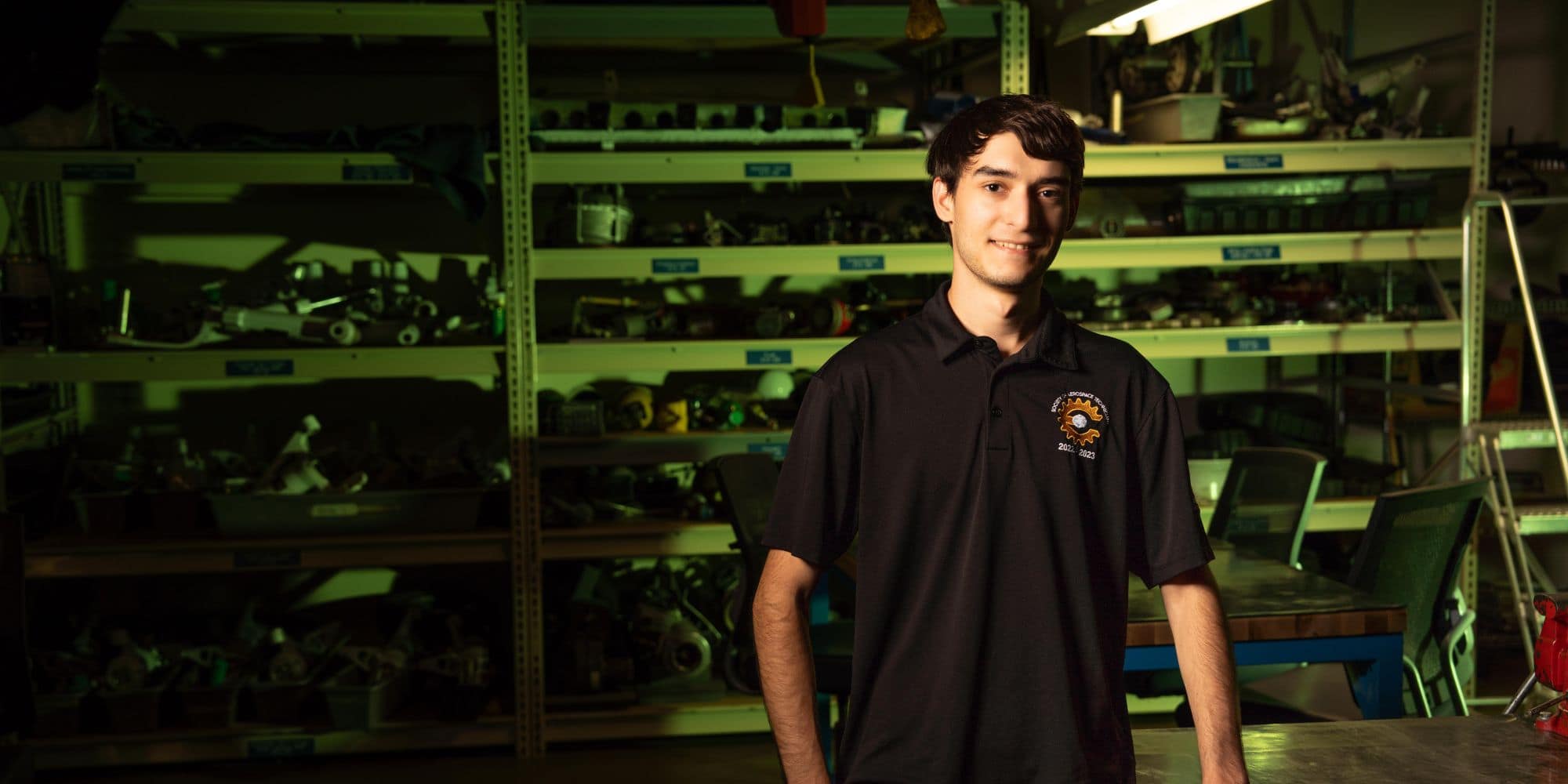 Aiden Cunningham in one of the leading-edge Embry‑Riddle AMS labs that are allowing him to build vital hands-on experience. (Photo: Embry‑Riddle / Bill Fredette-Huffman)