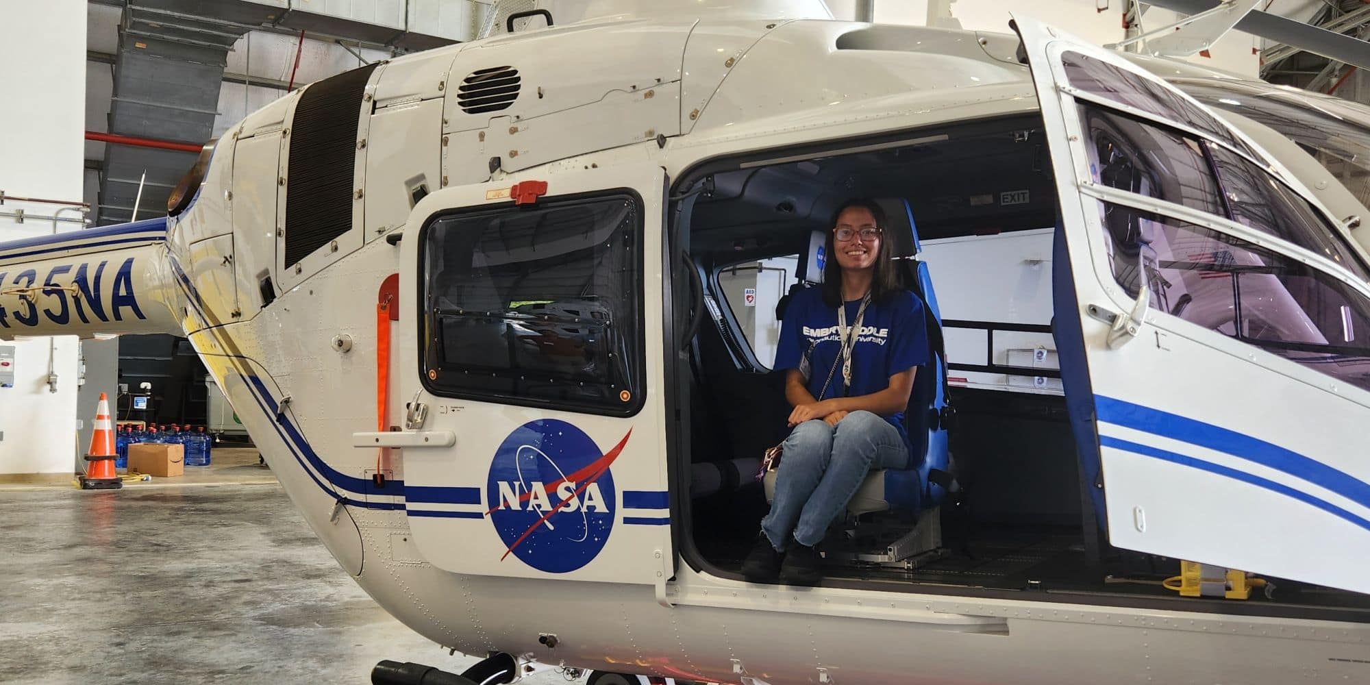 Callista Herdt, shown here inside a NASA helicopter, loves the opportunities for special tours that come with being a Boeing Scholar. (Photo: Callista Herdt)