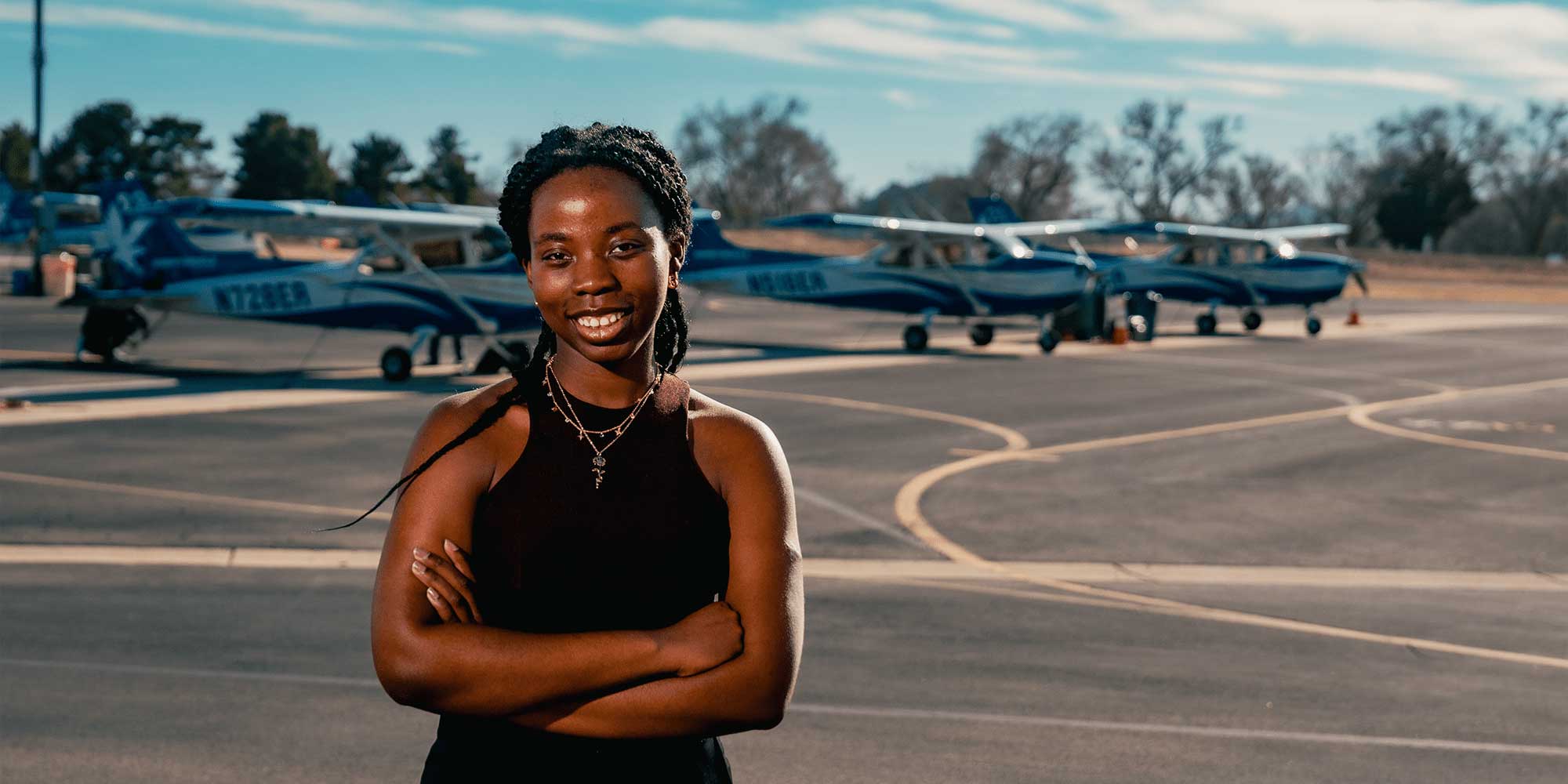 Megan Yaa Amoako at Embry‑Riddle Aeronautical University’s Flight Line in Prescott, Arizona. (Photo: Embry‑Riddle / Connor McShane)