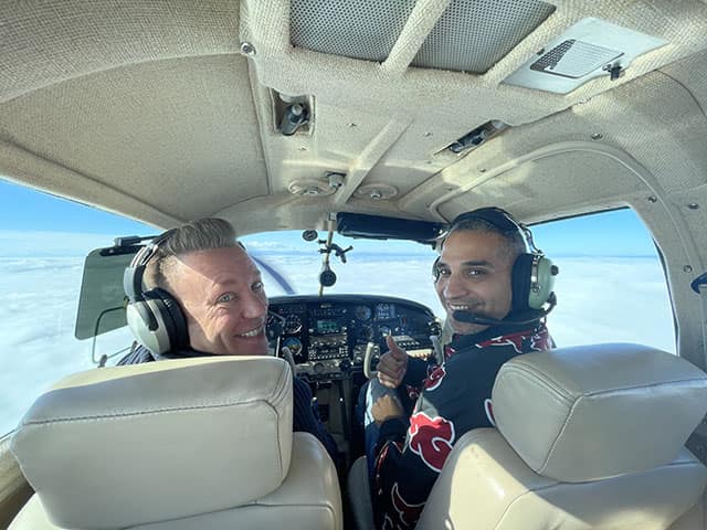 Matthew Henkel, shown here on an aircraft flight deck preparing to depart, is grateful for the education and opportunities offered at Embry‑Riddle. (Photo: Matt Henkel)