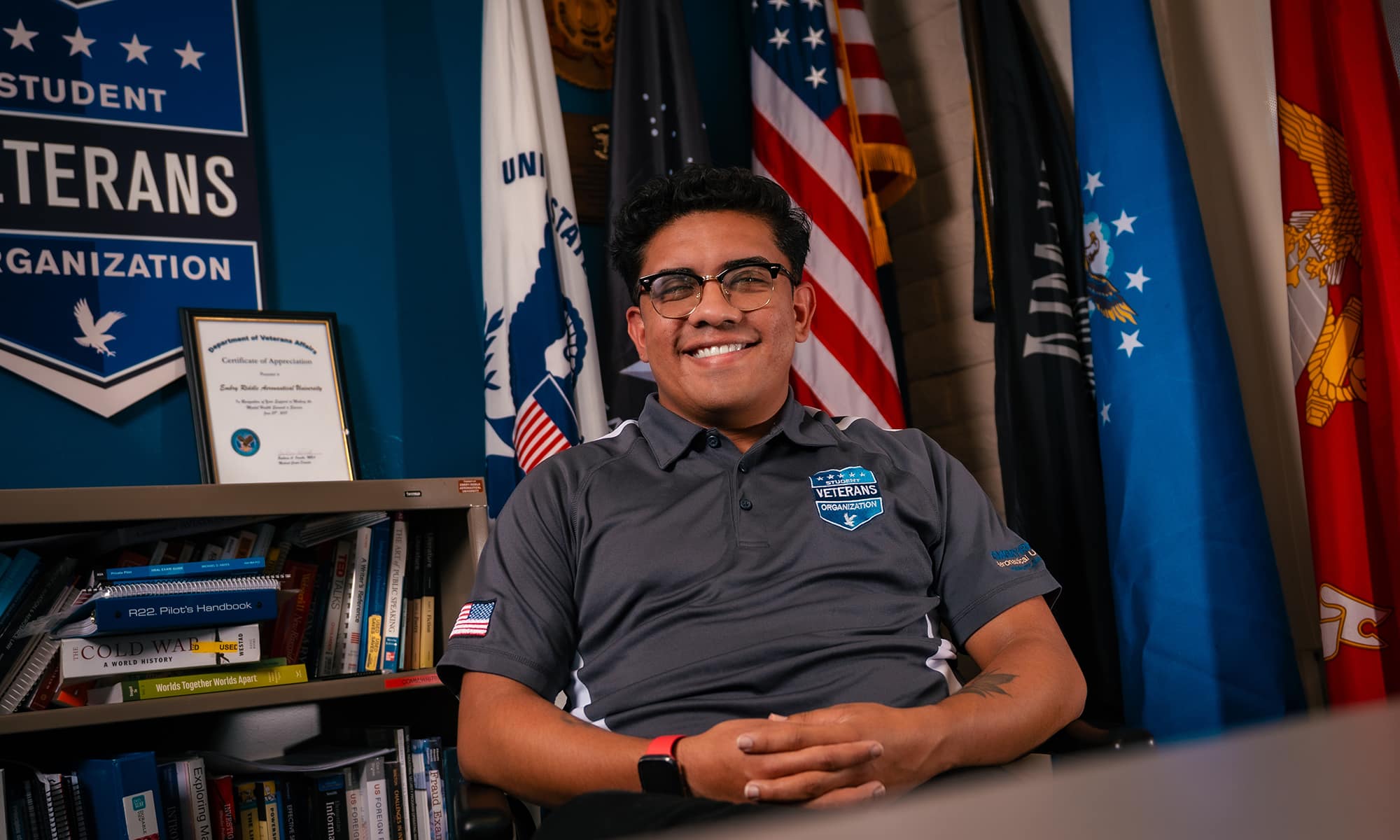 Vincent Becerra in the Student Veterans Organization office on the Prescott Campus. (Photo: Embry‑Riddle/Connor McShane)