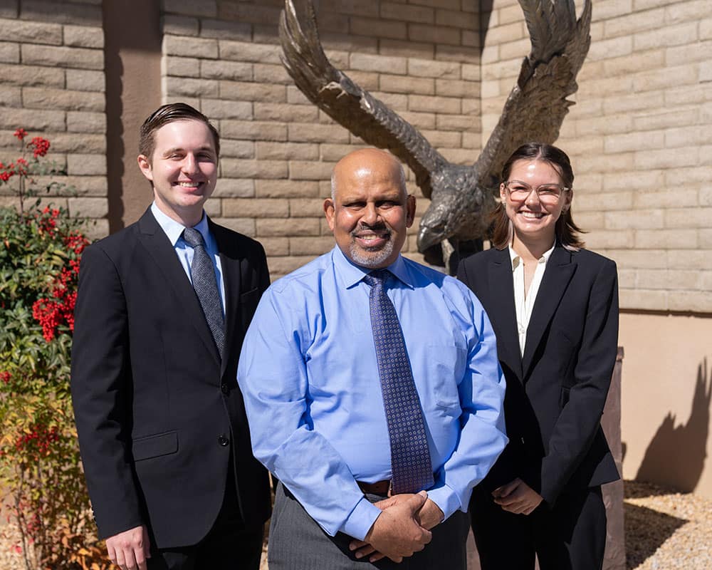 Hartsfield-Jackson Atlanta International Airport General Manager Balram Bheodari with AAAE members Timothy Gelfer and Lillie Putman on the Prescott Campus. (Embry‑Riddle Photo / Bernard Wilchusky)