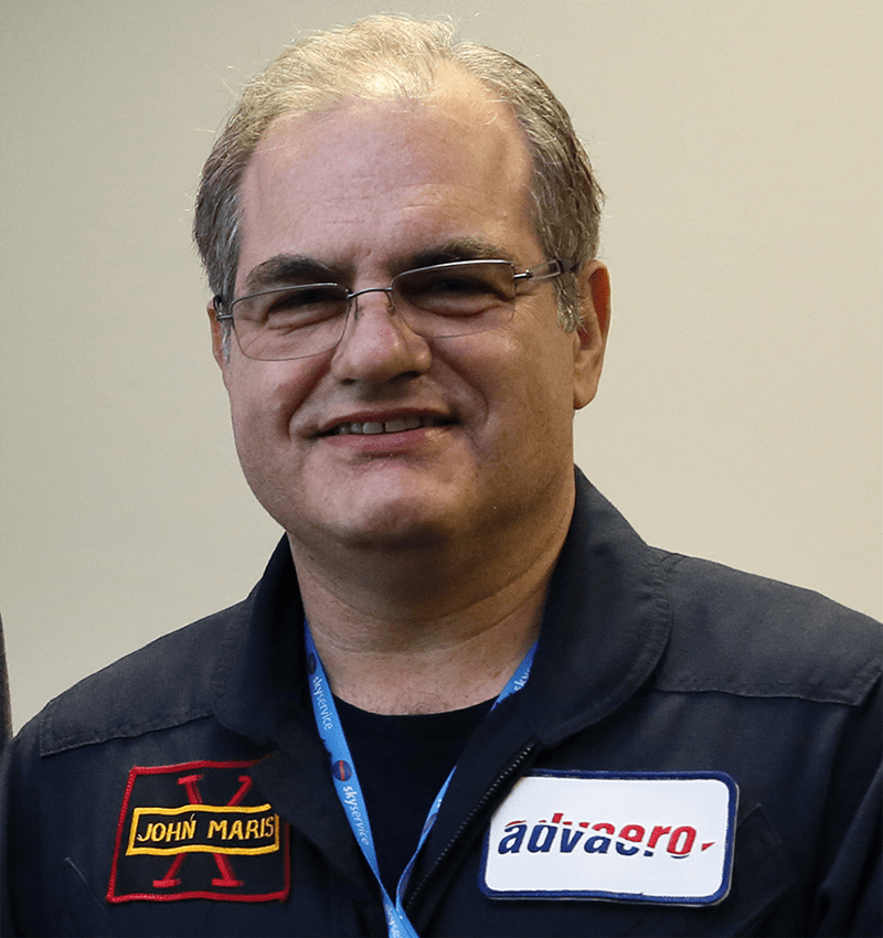 Embry-Riddle alumnus John Maris wearing an AdvAero flight suit as he prepares for a series of flight trials with NASA.