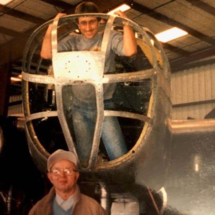 A photo of Stecewycz and his father in the first aircraft he helped restore — a North American B-25. 