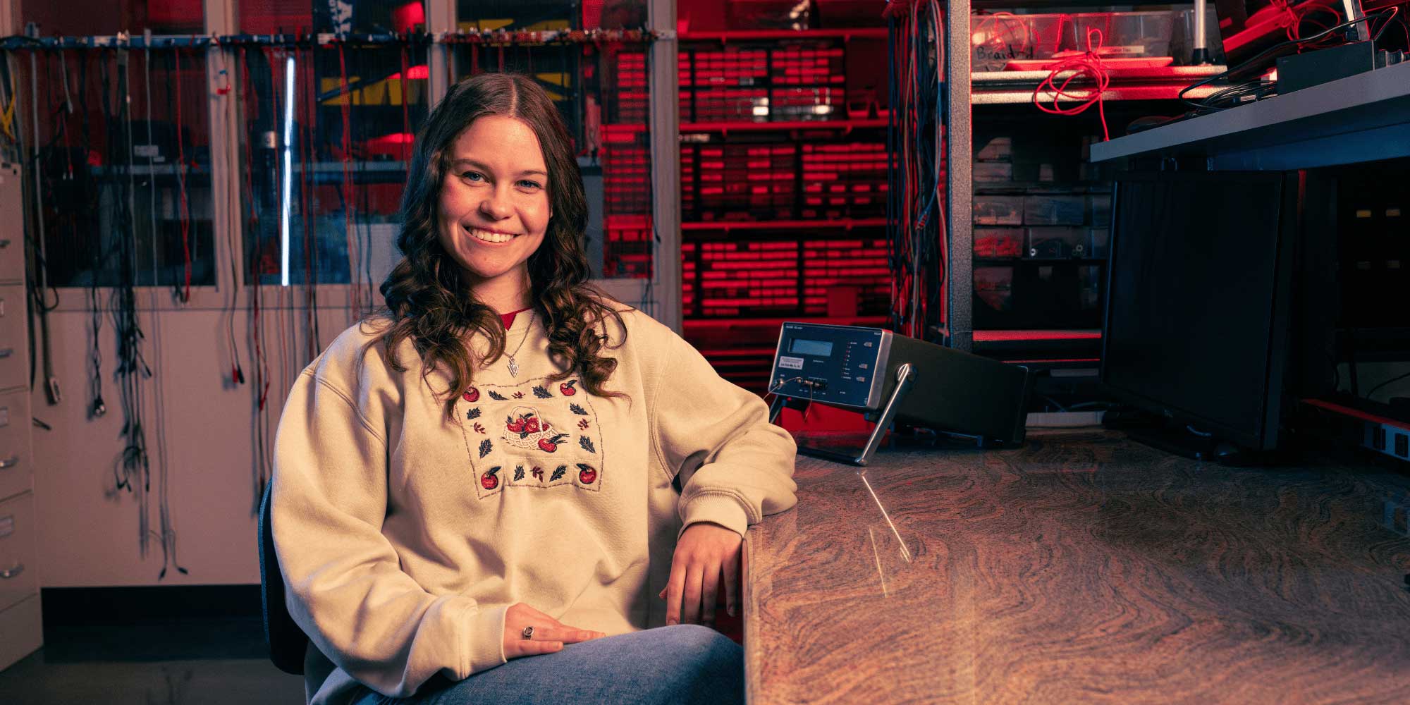 Molly Ruley poses in the Senior Design Lab in King Engineering and Technology Center. (Photo: Wilson Van Ness)