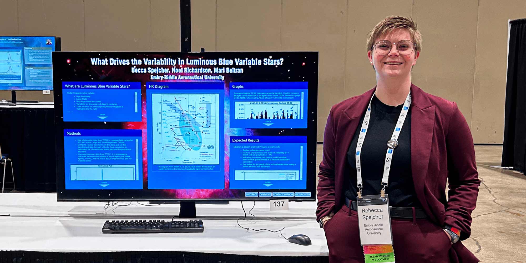 Becca Spejcher presenting Embry‑Riddle’s luminous blue variables research findings at the 2024 American Astronomical Society conference in New Orleans, La.