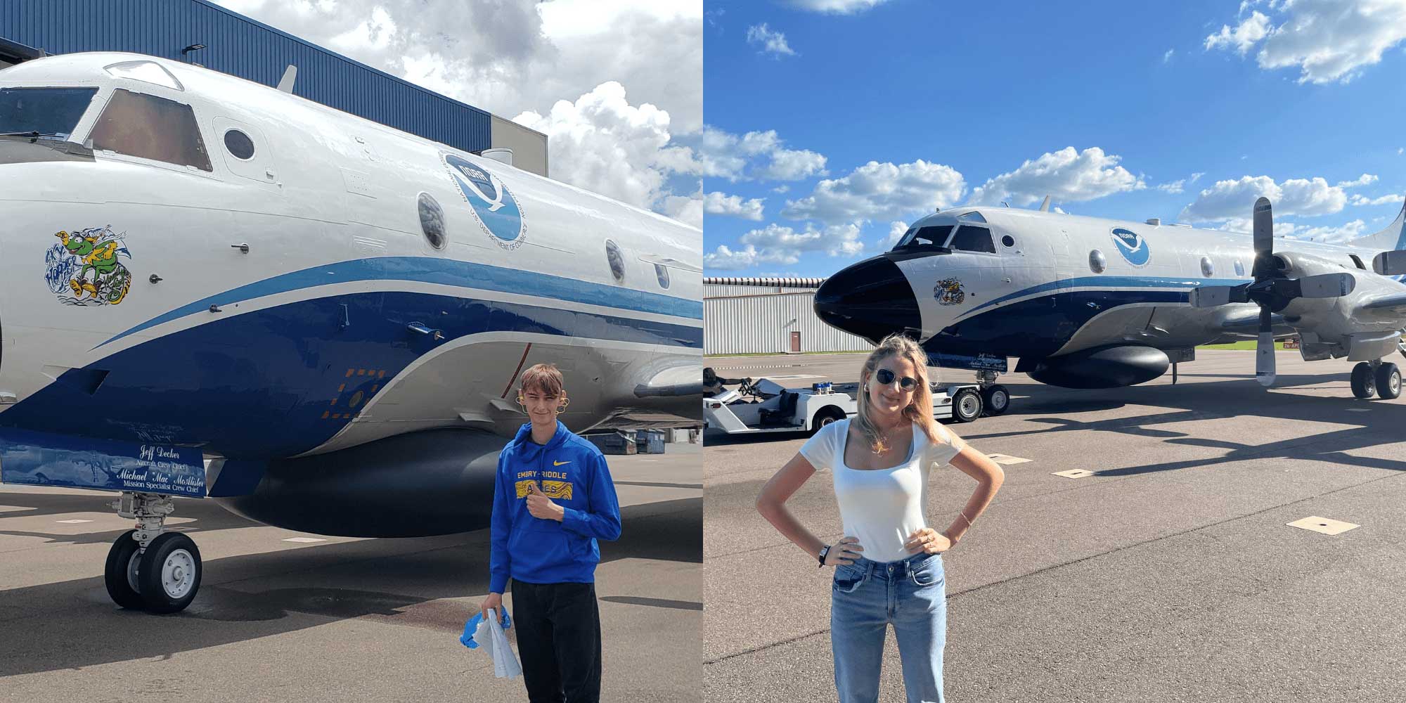 Sean Barnier (left) and Danica Marr (right) had the opportunity to fly on NOAA’s WP-3D Orion aircraft this summer. (Photos: Sean Barnier and Danica Marr)