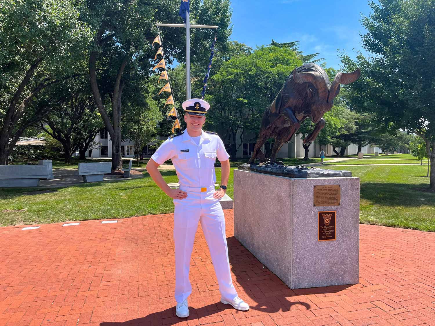 Scott with Navy Bill, a bronze sculpture of the Naval Academy's mascot, Bill the Goat (Photo: Scott Nicholson)