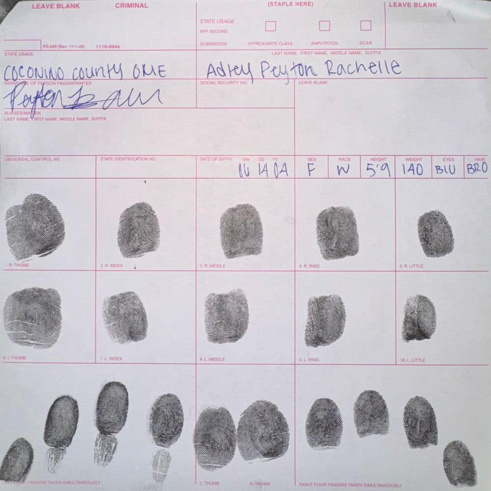 A fingerprint card filled with inked impressions created by Peyton Adley while practicing fingerprinting techniques on herself. (Photo: Peyton Adley)
