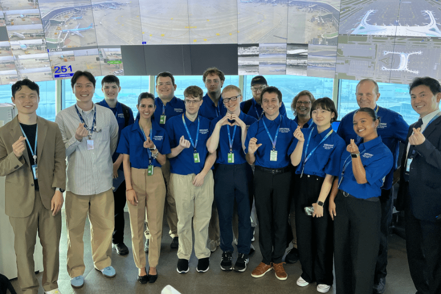 Clyde Rinkinen with study abroad students at Incheon International Airport in South Korea.
