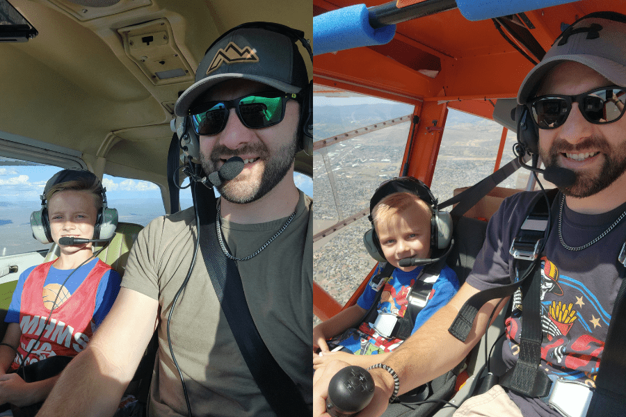 Kyle Wilkerson flying with his sons Jaxon (left) and Jace (right)