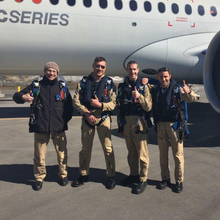 Marko Ivankovic (’05) with fellow flight test crew members during aircraft development operations. 