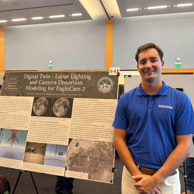 Samuil presenting EagleCam2 research at Embry‑Riddle's Student Research Symposium.