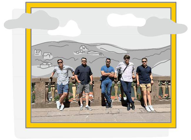 Group of students in an illustrated picture frame
