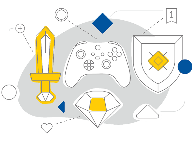 Graphic with a video game controller, sword, shield and diamond