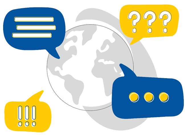Graphic of a globe with word bubbles