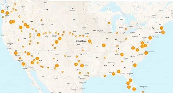 United States map illustrating the number of drone flights across the country.