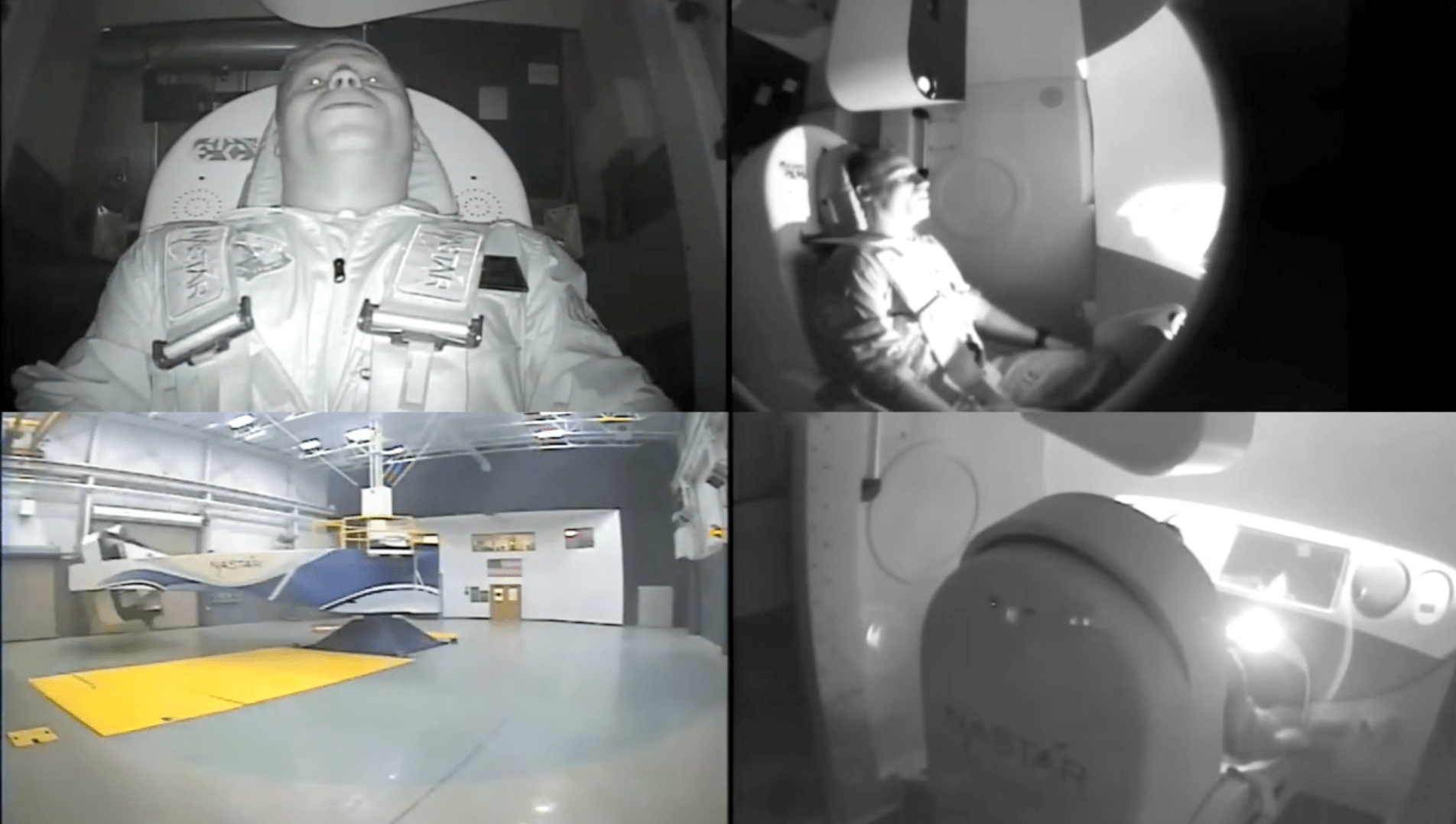 Four video views of student in space flight simulator.