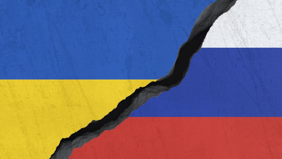 Ukrainian and Russian flags.