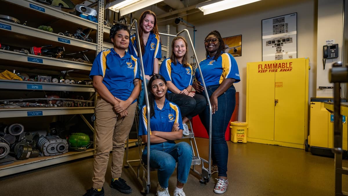 Aviation Maintenance Science students Hannah Daren, Tea Galon, Shelby Quillinan, Iram Rai and Vanessa Vowotor.