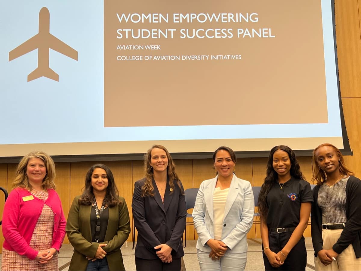 Faculty member Michele Halleran, UAS instructor Myra Malik, maintenance technician Lynze Price, and pilots Dawn Cook, Makeda Dawson and Jayla Jackson.
