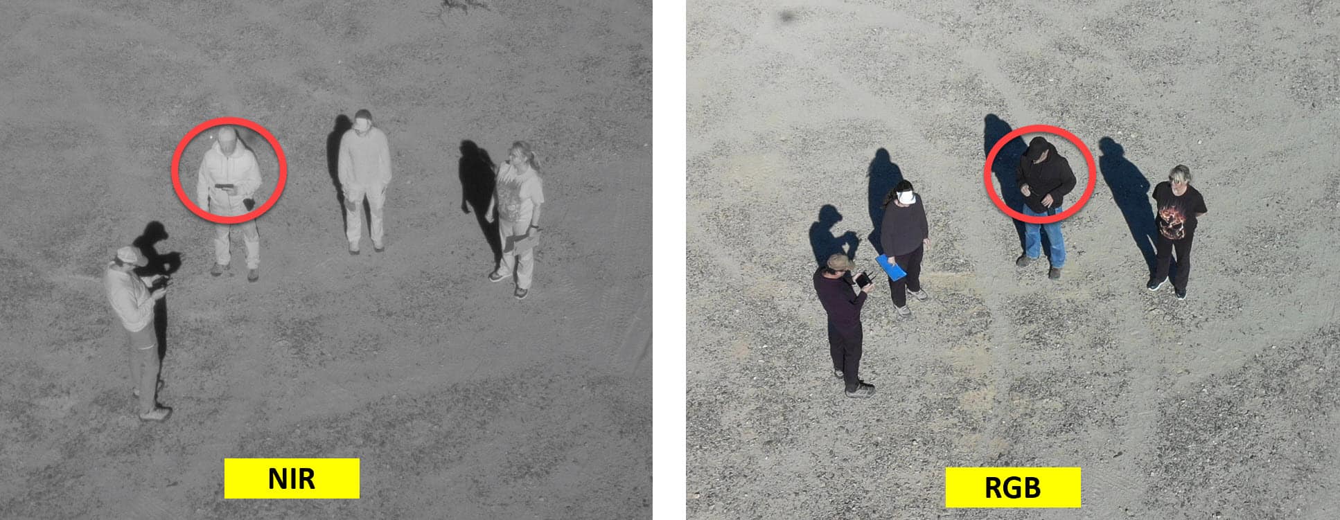 New research conducted by Embry-Riddle faculty and students is comparing the effectiveness of identifying weapons using drones equipped with different kinds of camera sensors. In the above image, near-infrared imagery is compared to that of traditional red-green-blue imagery.