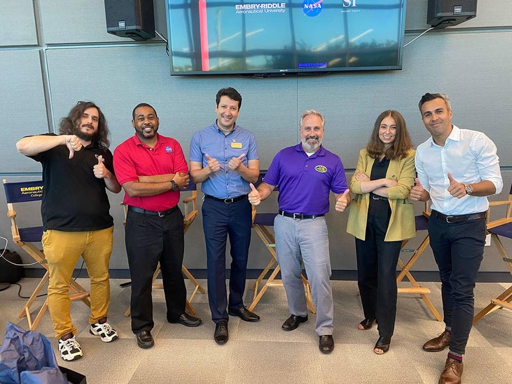 Group of six speakers pose for picture at Embry-Riddle Aeronautical University’s Entrepreneurship Tech Talk series.