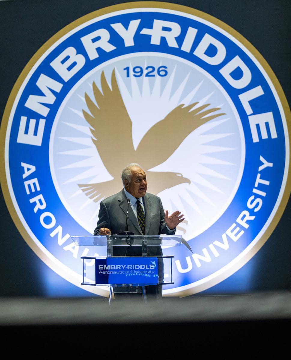 Embry‑Riddle Board of Trustees Chairman Mori Hosseini speaks at commencement.