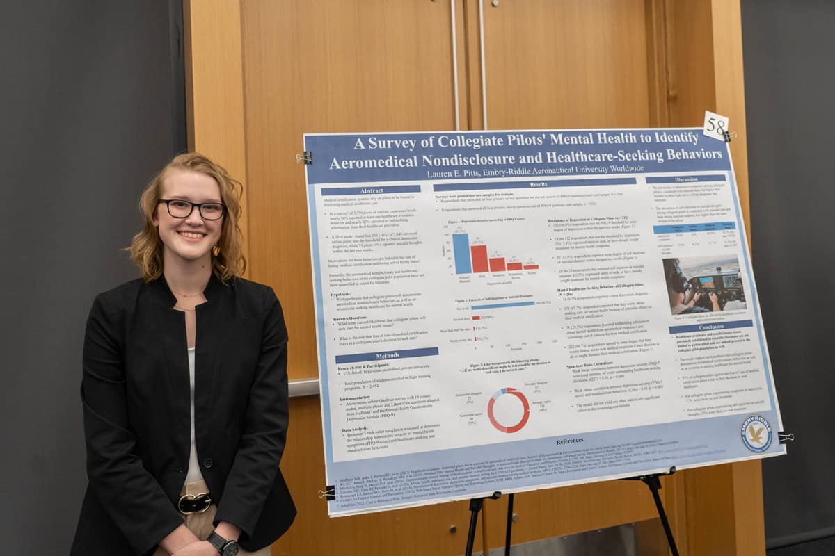Woman stands next to graph explaining pilots' mental health.
