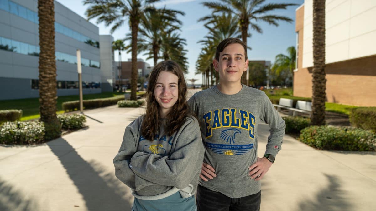 Siblings and Embry-Riddle students Sofia and Luca Guida pose for picture on campus.