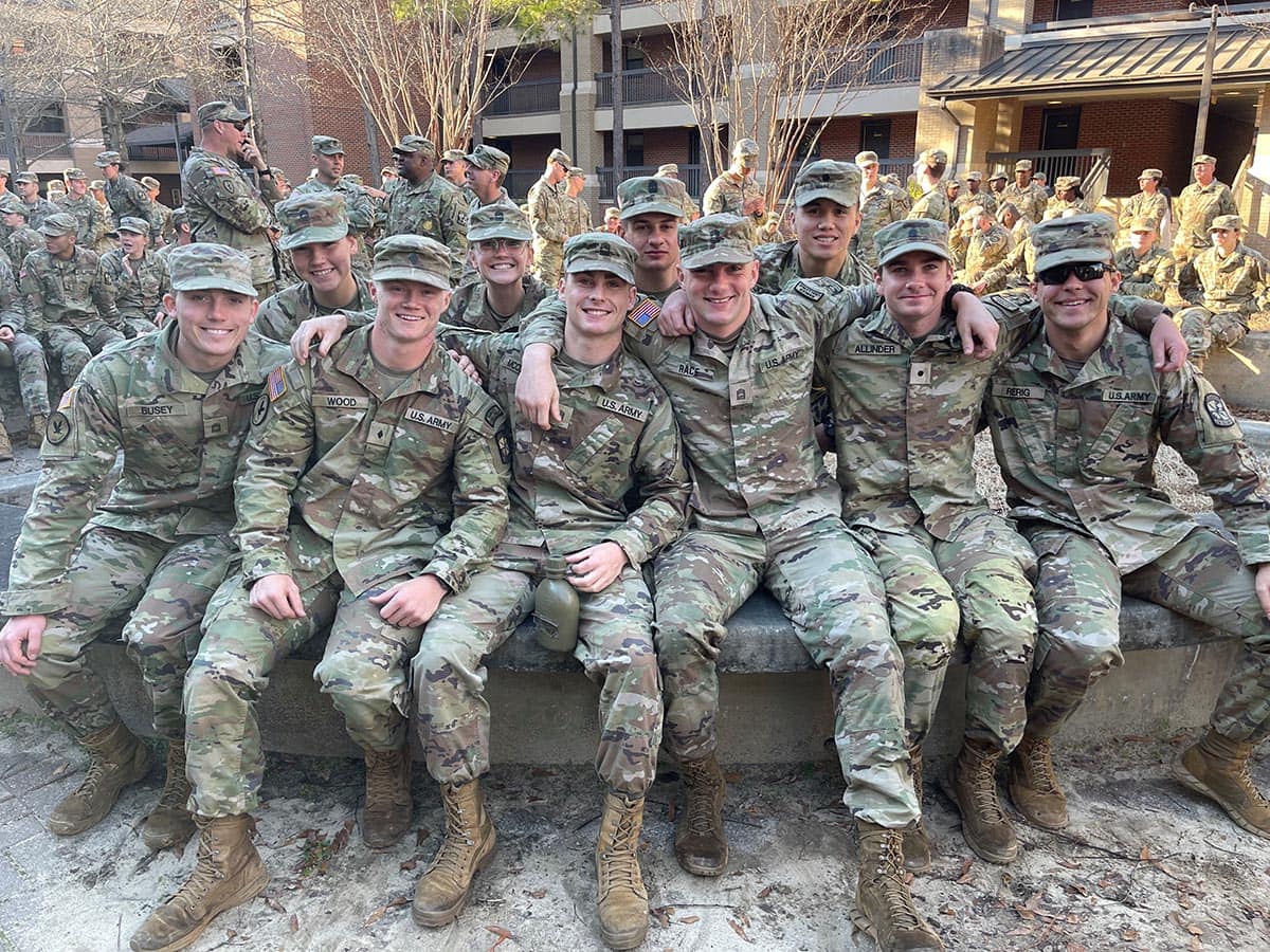 Group of Army ROTC students in fatigues.