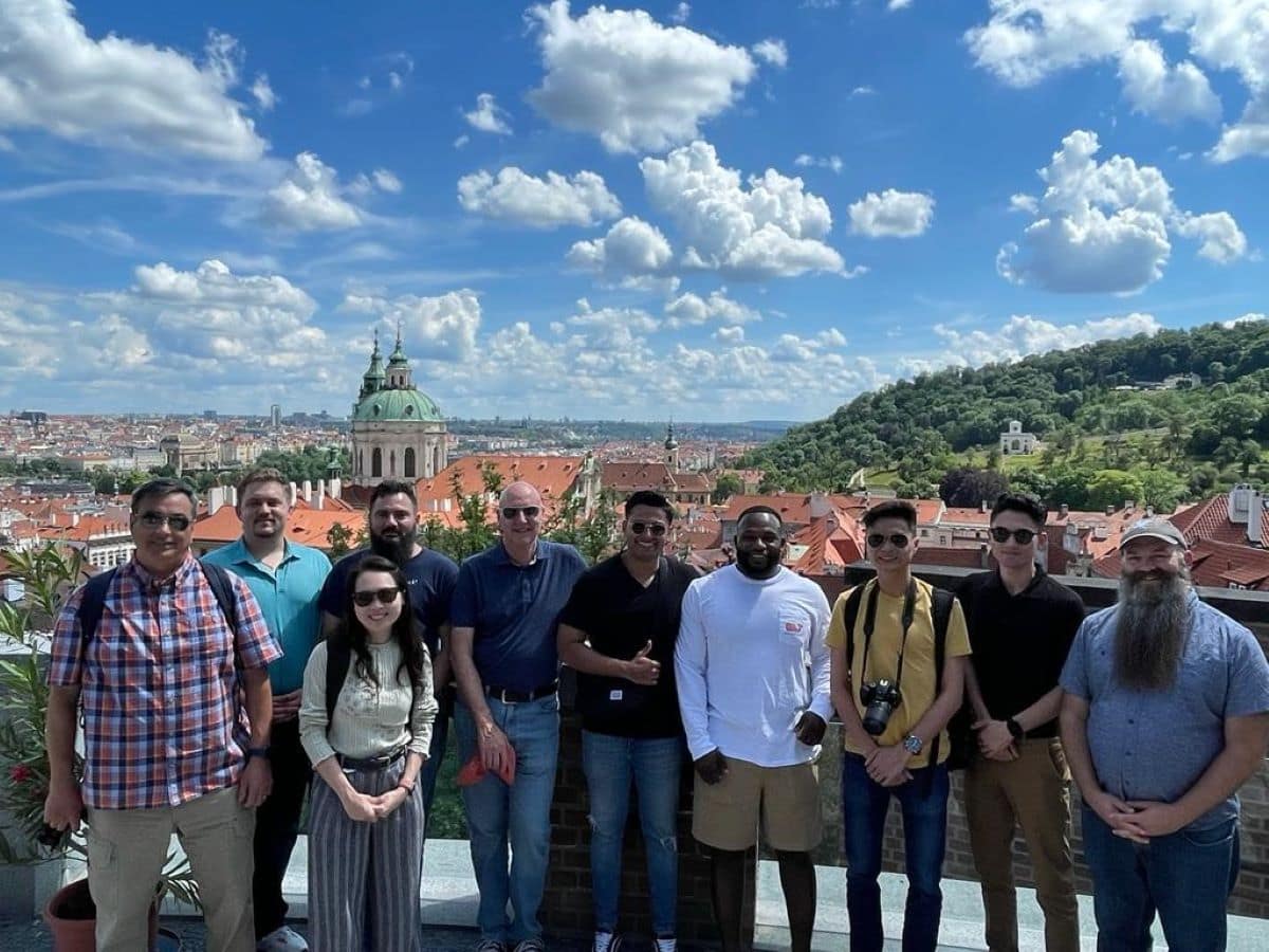 Students and teachers pose for picture in Prague.
