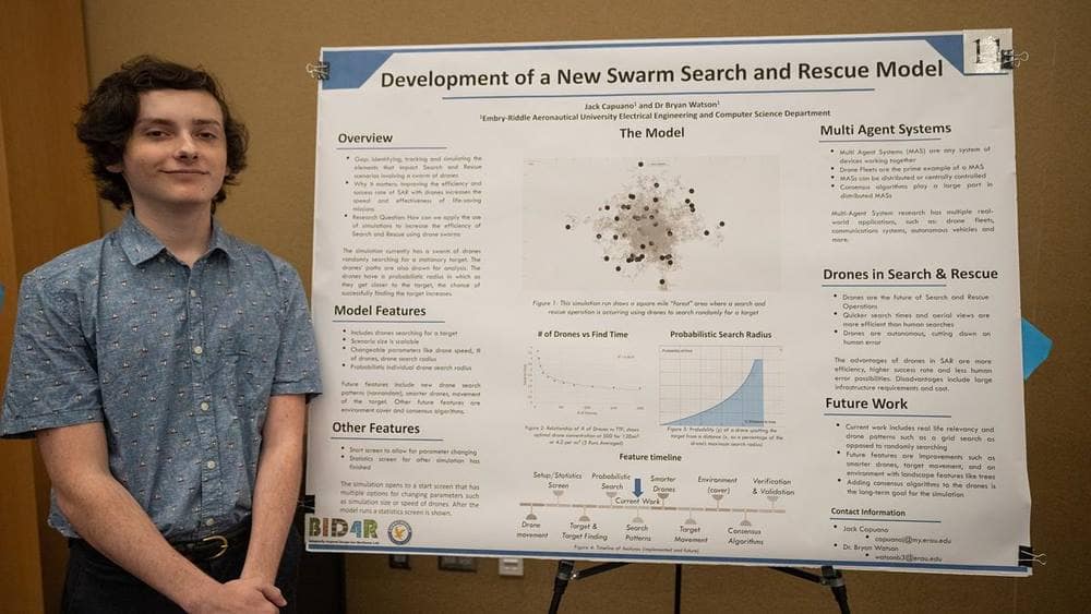 Student stands next to chart showing swarm search and rescue model data.