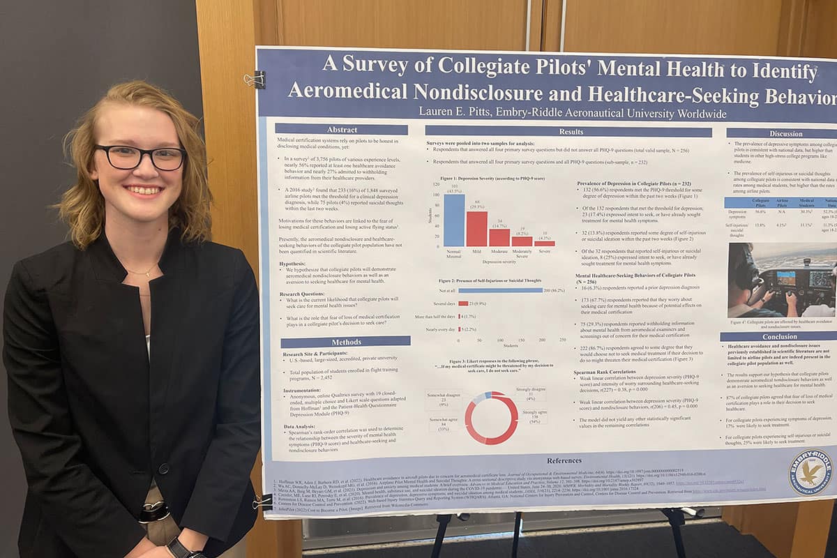 Woman stands next to poster displaying pilots' mental health data.