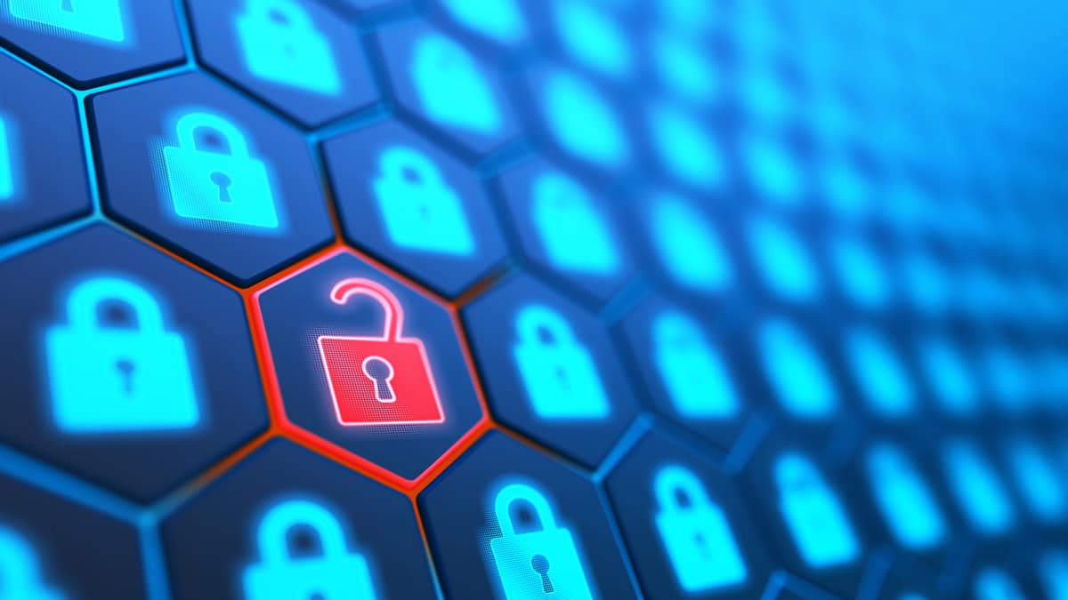 Graphic of red padlock unlocked surrounded by blue padlocks.