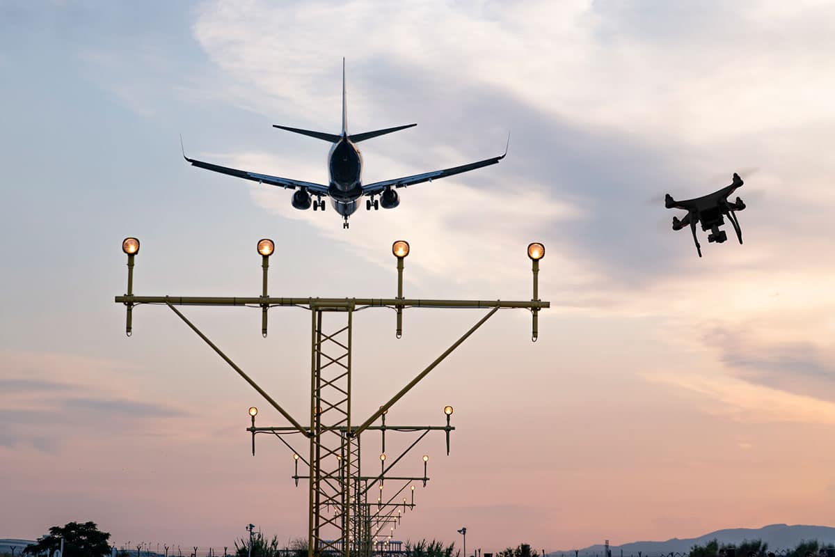 Airplane and drone fly in close proximity.