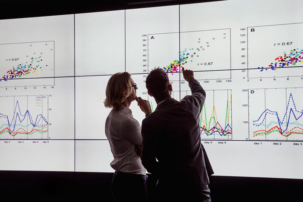 Two people look at chart on projection screen.