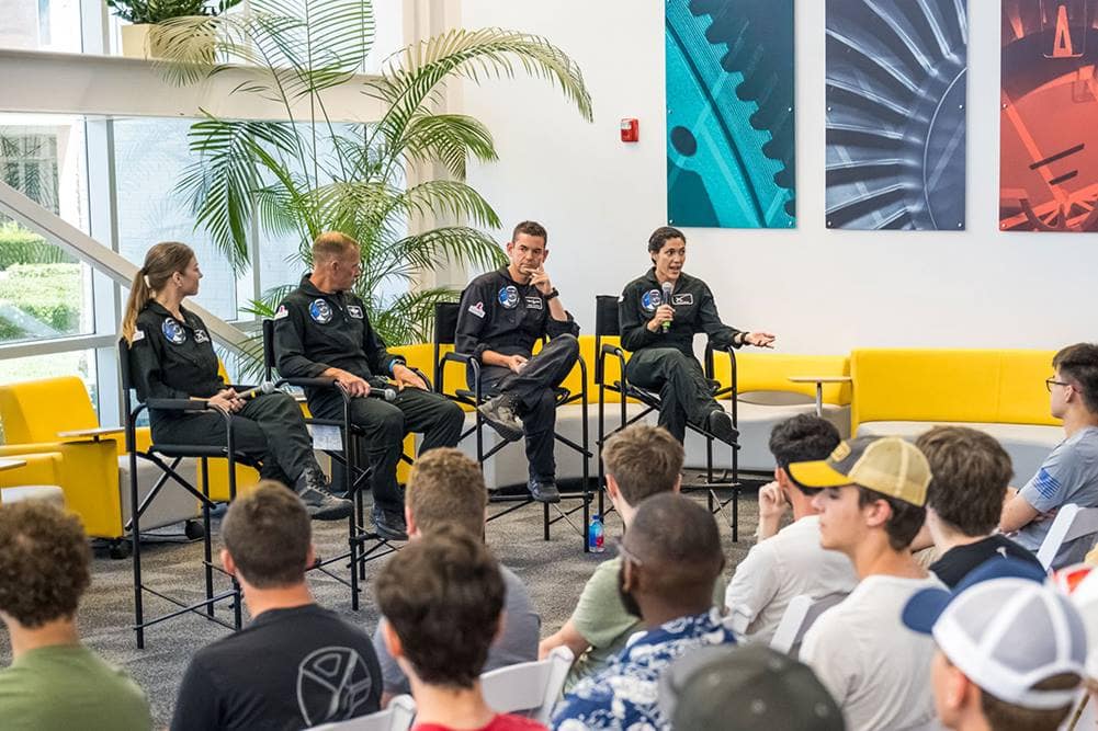 Sarah Gillis, mission specialist; Jared Isaacman, mission commander; Scott Poteet, mission pilot; and Anna Menon, mission specialist and medical officer.