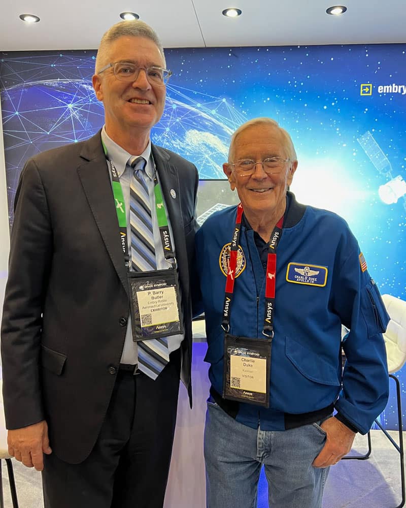 Embry‑Riddle President P. Barry Butler, Ph.D., met and spoke with Apollo 16 astronaut Charles Duke, longtime friend of the late Harry Robertson Jr., Embry‑Riddle champion and advocate, this month at Space Symposium 2024. (Photo: Embry‑Riddle)