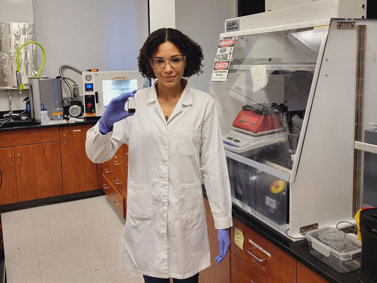 Giulia Stewart, a senior in Aerospace Physiology, has conducted research on thin films at Embry‑Riddle for the past three years. (Photo: Foram Madiyar)