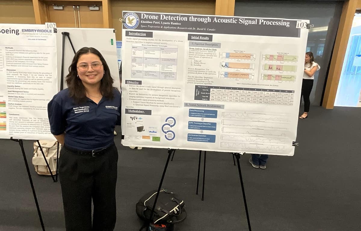 Lynette Ramirez, who is graduating in May with her Bachelor of Science in Aerospace Engineering, won first place in one of two undergraduate sessions for her research using acoustics and quantum signal processing to detect uncrewed aerial vehicles (UAVs). (Photo: Embry-Riddle)