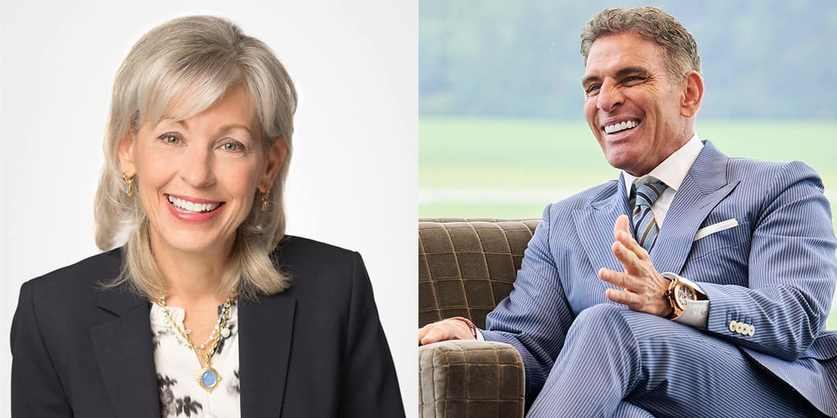 Collage with a portrait of Leanne Caret in a black blazer and Kenn Ricci smiling and gesturing, wearing a light blue suit.