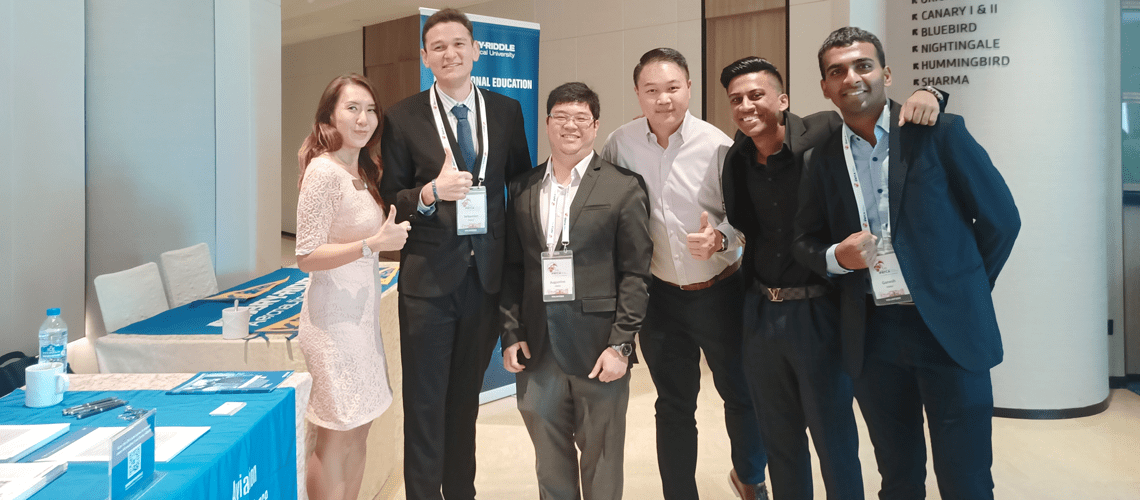 Embry‑Riddle Asia Campus Director of Student Success Kim Chua (left) at the International Federation of Air Traffic Controllers’ Conference with students including Sebastien Contoret (second from left) and Ganesh Balashanmugam (far right). Jon O'NeillJon O'Neill / Jun 04, 2024, 8:39 AM
