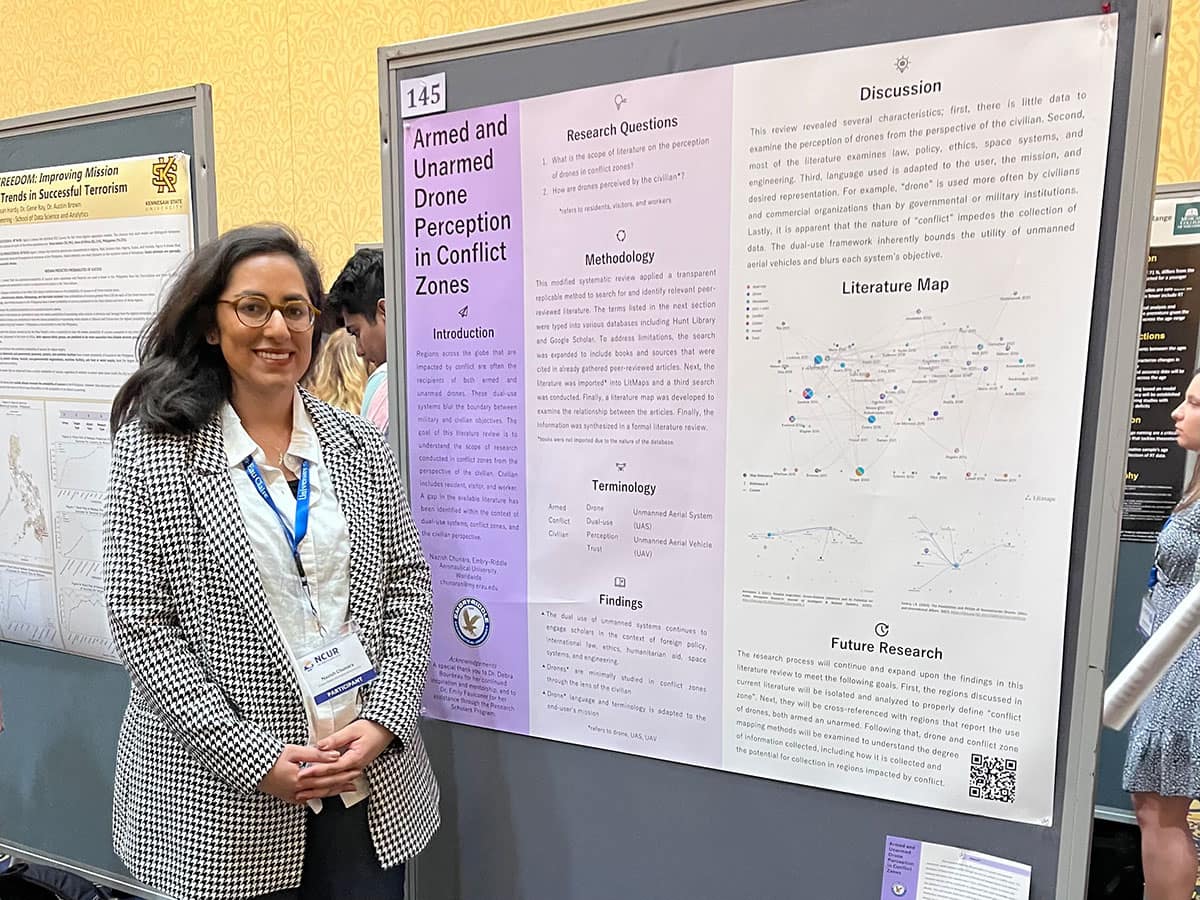 As part of the NSF-funded Research Scholars Program at Embry‑Riddle Aeronautical University’s Worldwide Campus, graduate student Nazish Chunara presented her work at the 2023 National Conference for Undergraduate Research and gained confidence in her identity as a researcher. (Photo: Nazish Chunara)