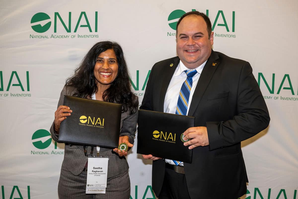 Embry‑Riddle faculty members Dr. Seetha Raghavan and Dr. Eduardo A. Rojas were named 2024 National Academy of Inventors (NAI) Senior Members at a recent ceremony in North Carolina. (Photo: Embry‑Riddle/Dr. Seetha Raghavan)