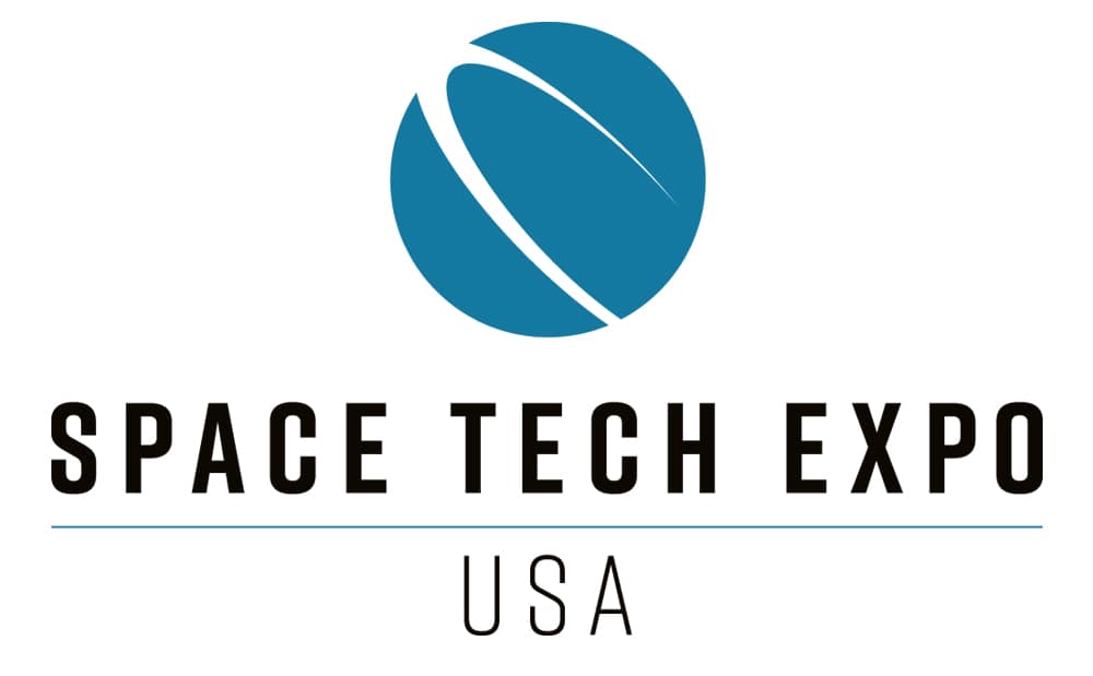 Space Tech Expo USA logo featuring a stylized blue circle with two curved white lines sweeping diagonally across it, resembling orbital paths or planetary rings.