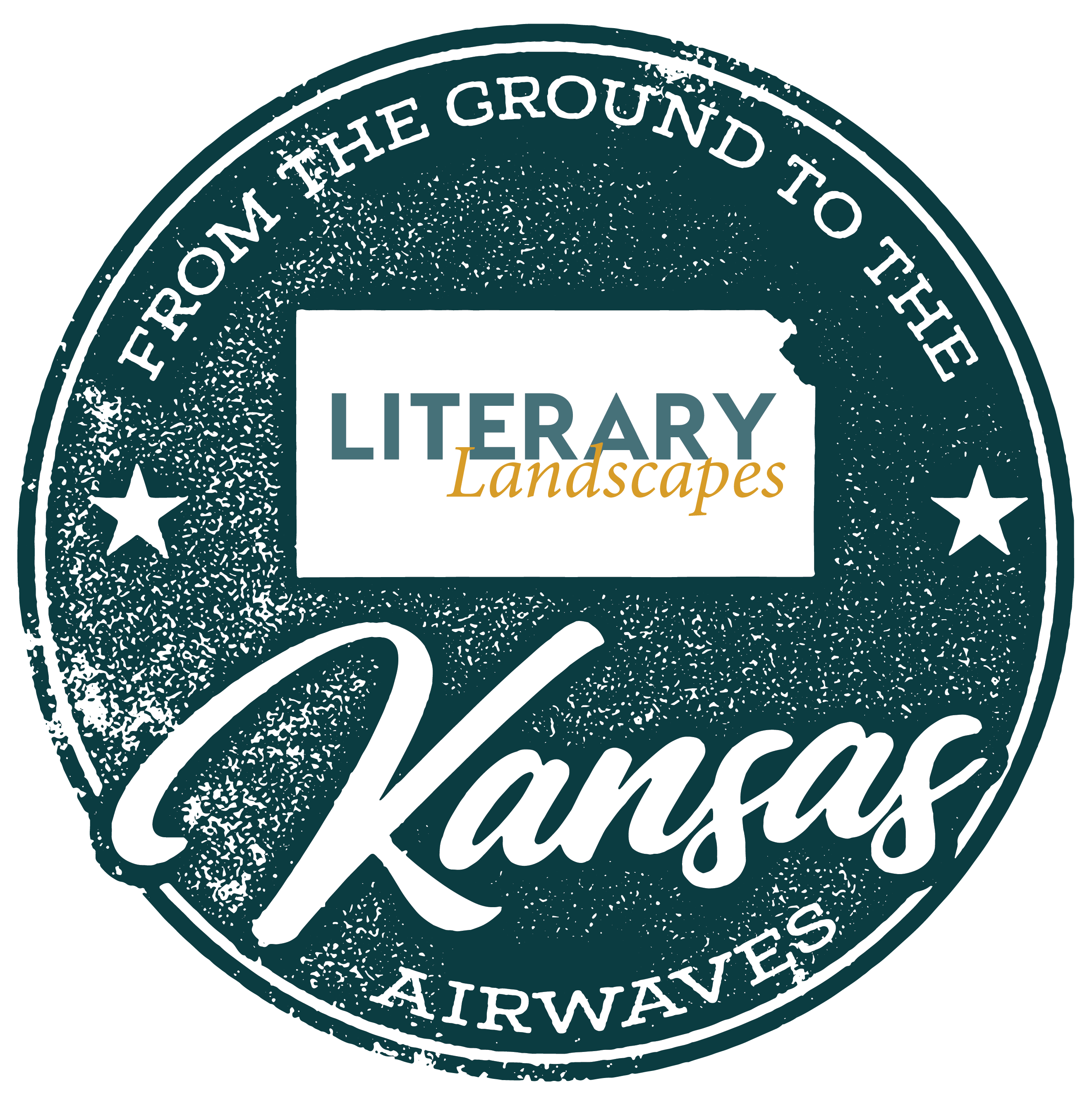 Circular green badge logo with text 'Kansas: From the Ground to the Airwaves,' featuring a central Kansas-shaped box reading 'Literary Landscapes.'