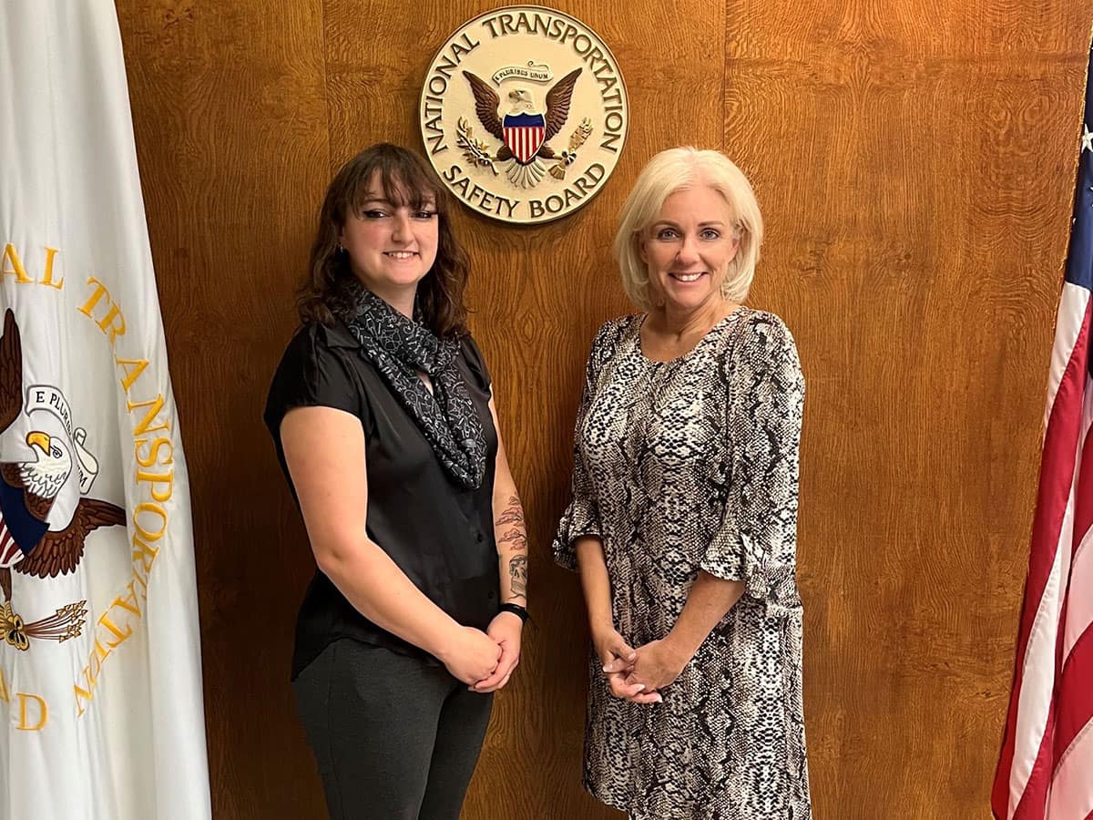 Embry-Riddle student veteran Sierra Juliano interned this summer for the National Transportation Safety Board. She is pictured with the Honorable Jennifer Homendy, NTSB chair. (Photo: Embry-Riddle/Sierra Juliano)